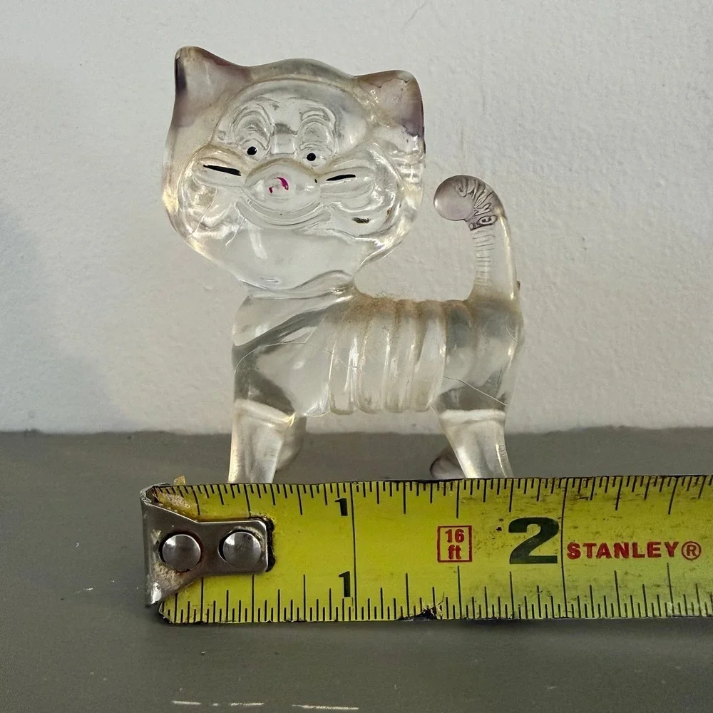 Vintage Lucite Clear Plastic Animal Figurines Cat - Kitchsy Cat Art 1970s